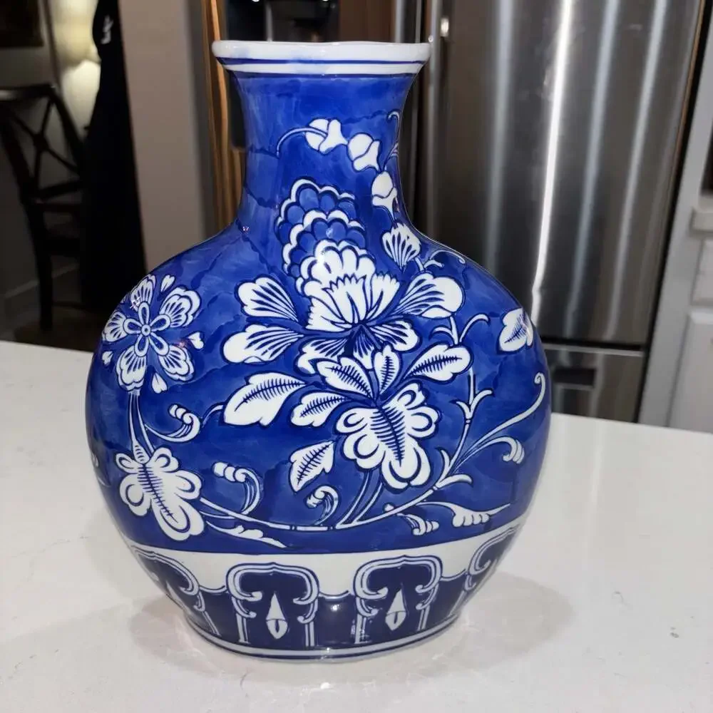 Blue and White Chinoiserie Floral Flat Ceramic Vase